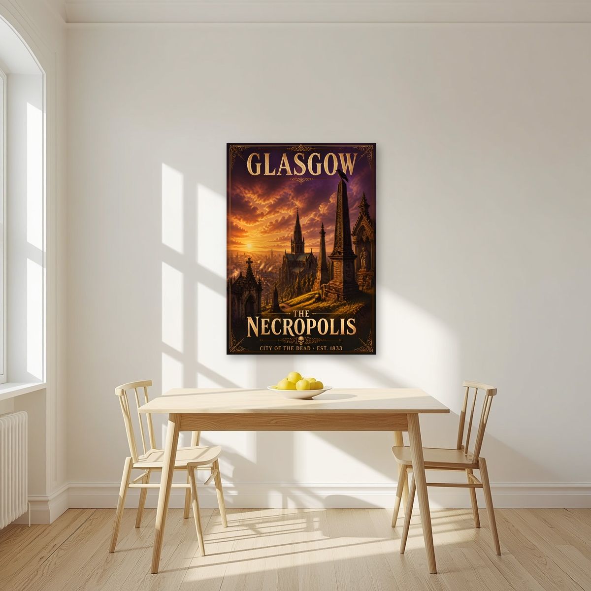 The Necropolis — Glasgow art print, unframed poster, styled in a kitchen