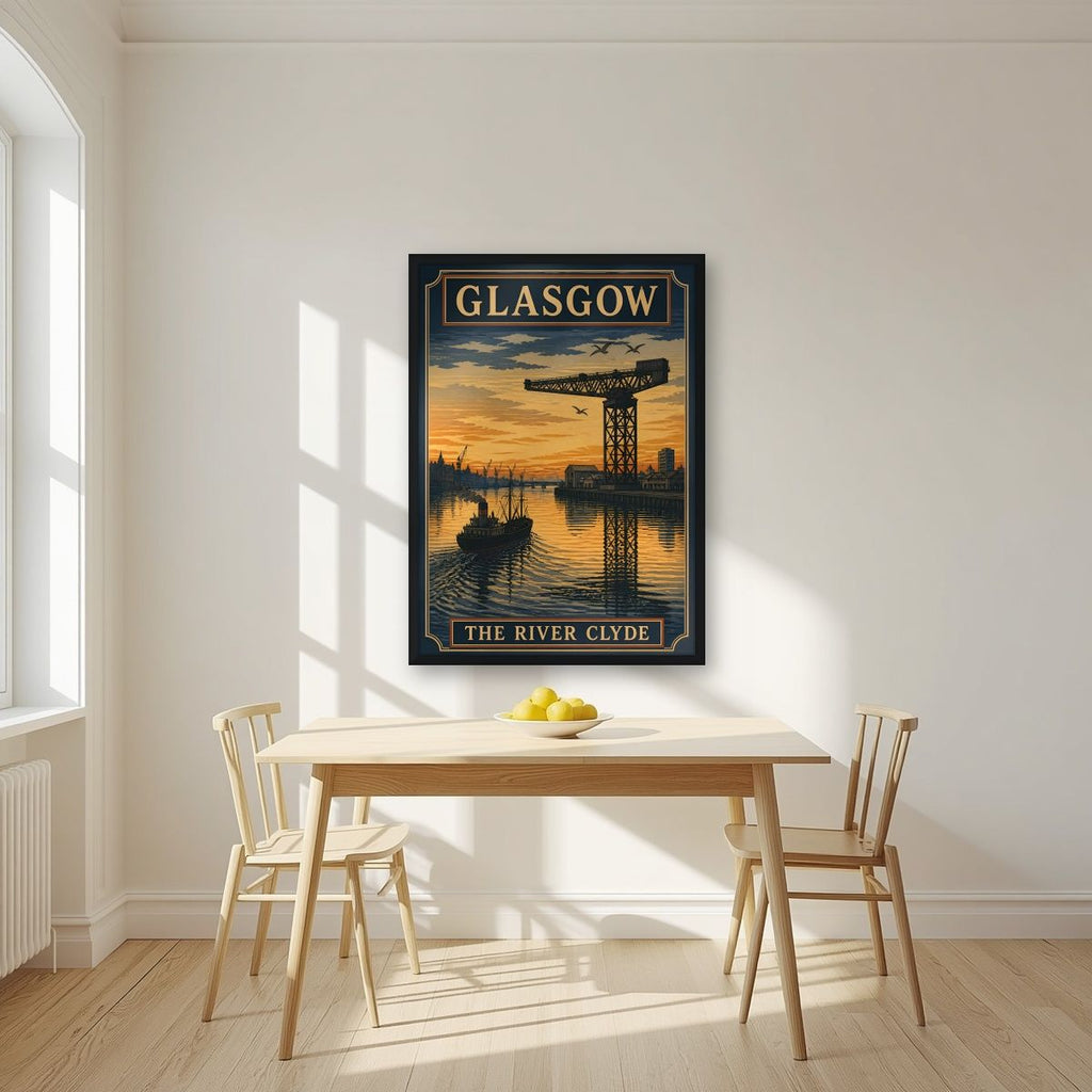 The River Clyde — Glasgow art print, in a black frame, styled in a kitchen