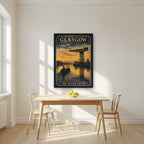 The River Clyde — Glasgow art print, in a black frame, styled in a kitchen