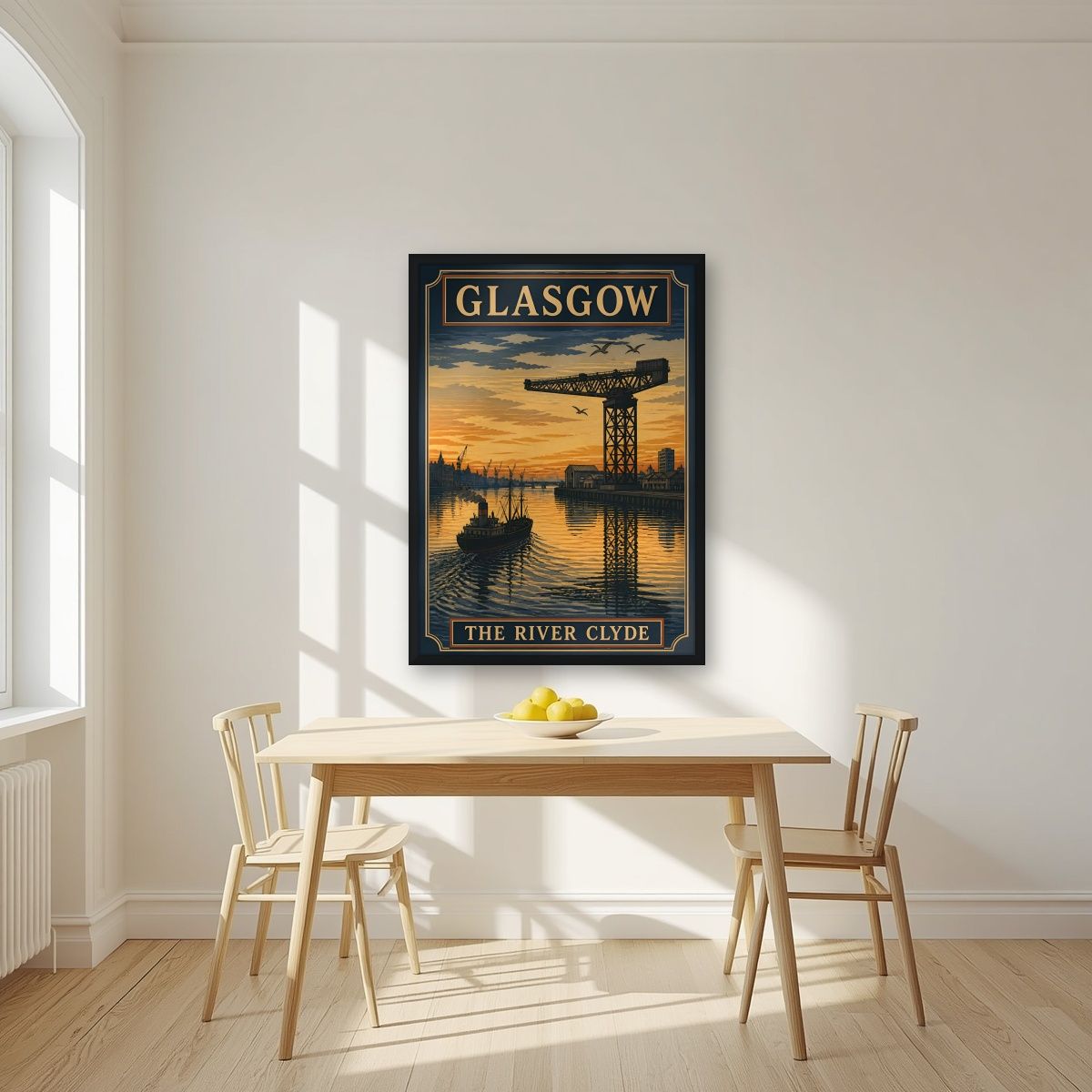 The River Clyde — Glasgow art print, in a black frame, styled in a kitchen