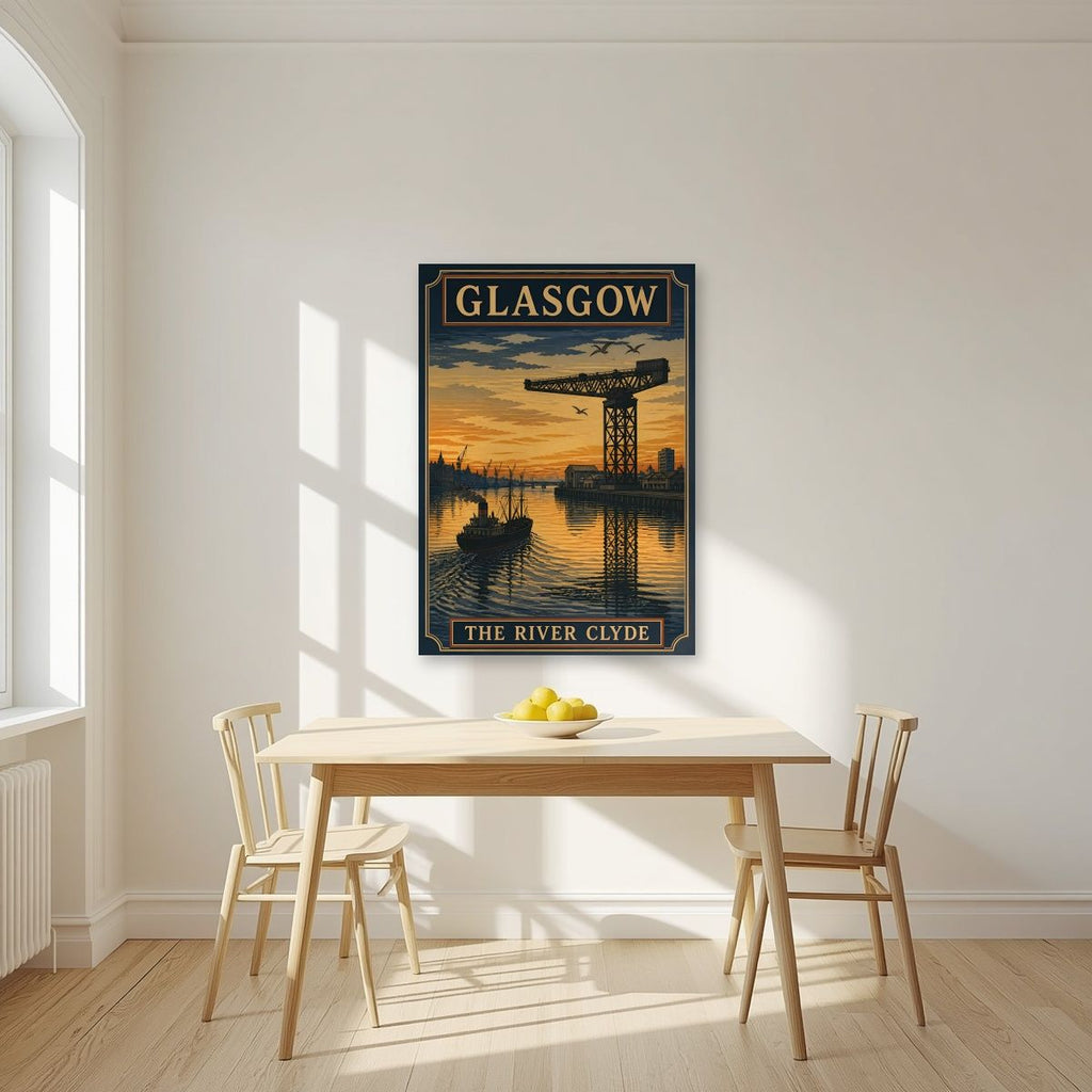 The River Clyde — Glasgow art print, unframed poster, styled in a kitchen