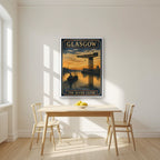 The River Clyde — Glasgow art print, in a white frame, styled in a kitchen