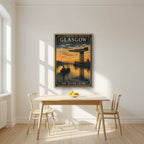The River Clyde — Glasgow art print, in an oak frame, styled in a kitchen