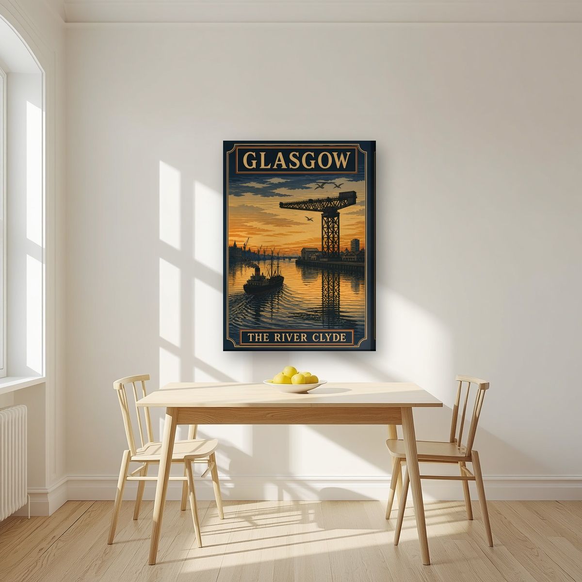 The River Clyde — Glasgow art print, on slim canvas, styled in a kitchen