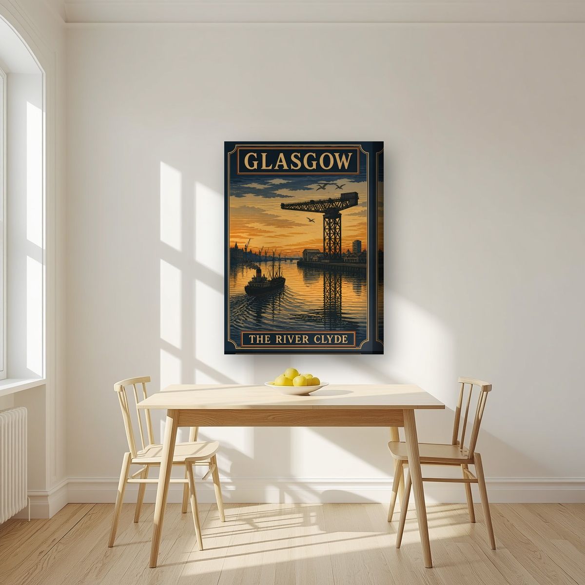 The River Clyde — Glasgow art print, on thick canvas, styled in a kitchen