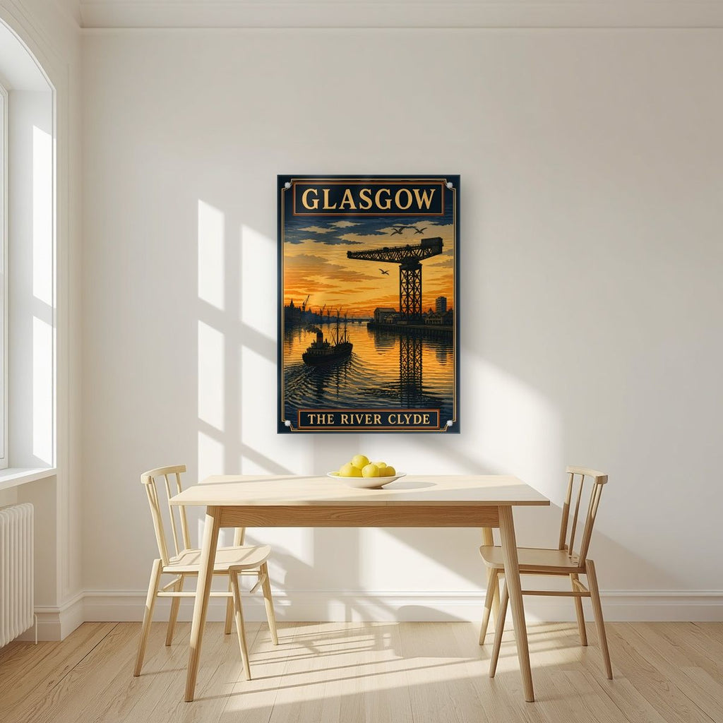 The River Clyde — Glasgow art print, as an acrylic print, styled in a kitchen