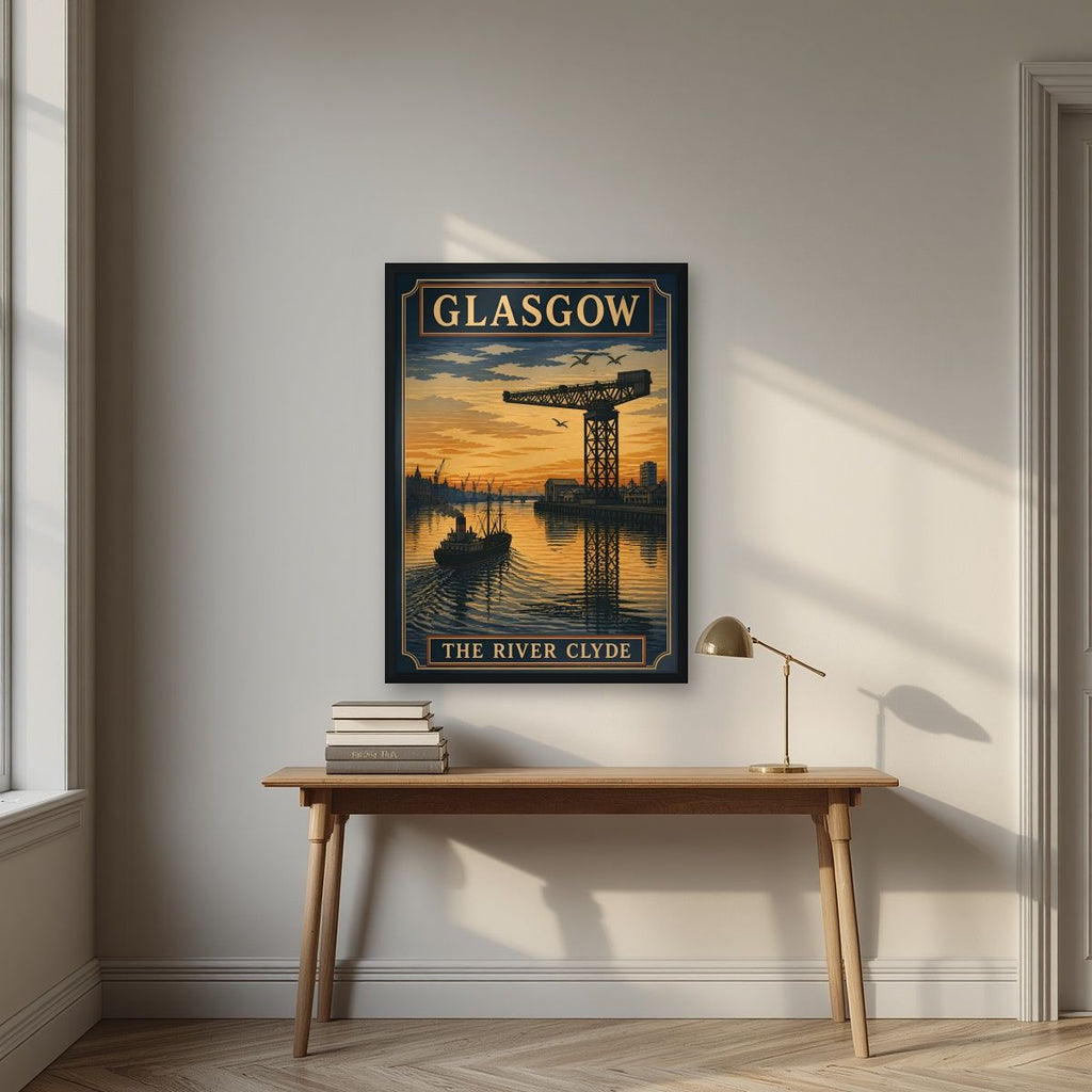 The River Clyde — Glasgow art print, in a black frame, styled in a desk