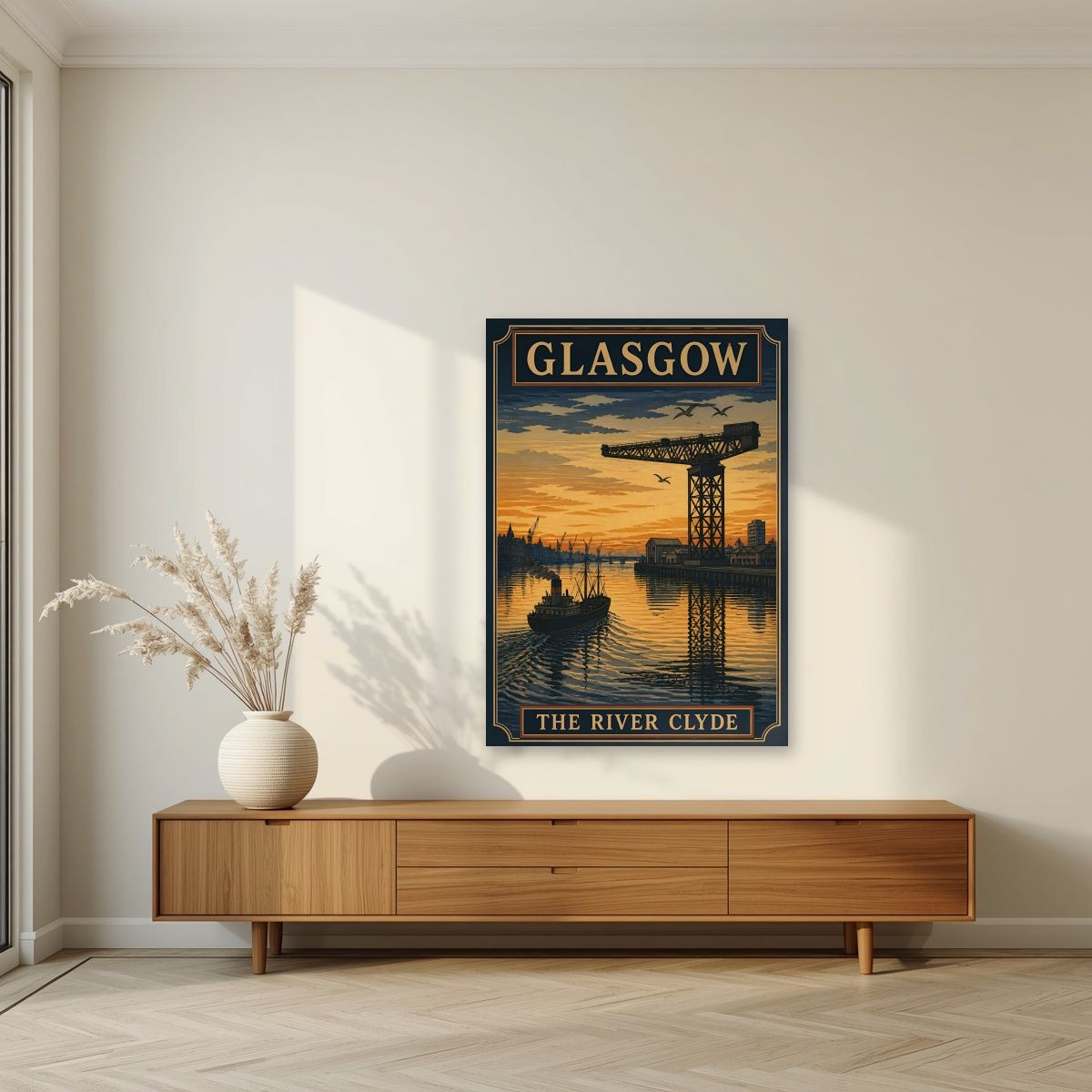 The River Clyde — Glasgow art print, unframed poster, styled in a living room