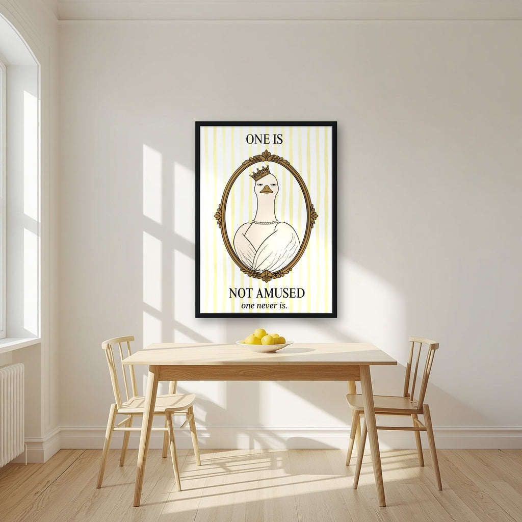 One Is Not Amused – Buttermilk Stripe art print, in a black frame, styled in a kitchen