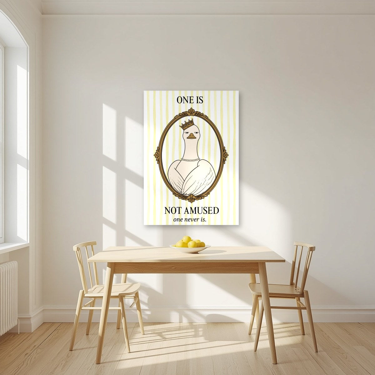 One Is Not Amused – Buttermilk Stripe art print, unframed poster, styled in a kitchen