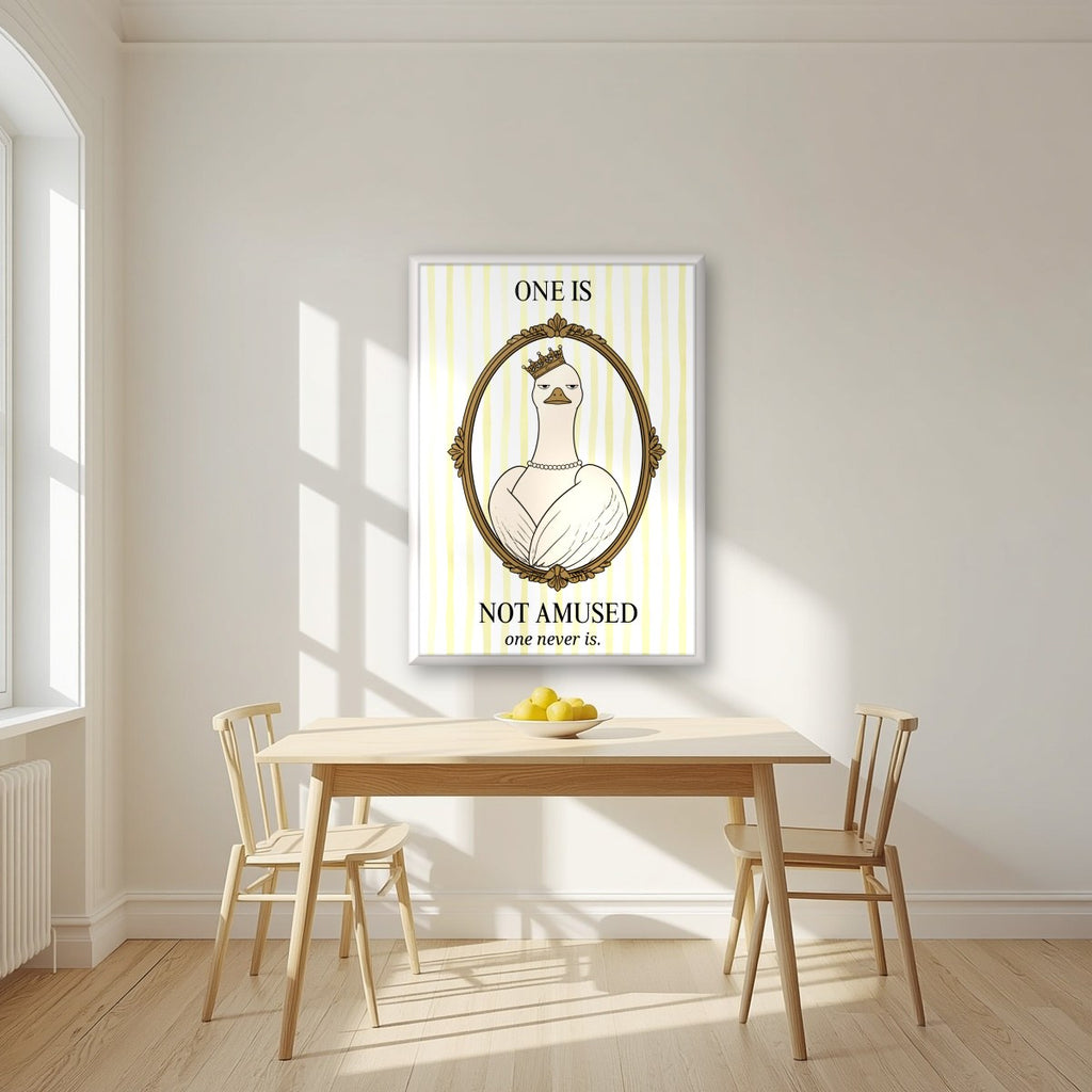 One Is Not Amused – Buttermilk Stripe art print, in a white frame, styled in a kitchen