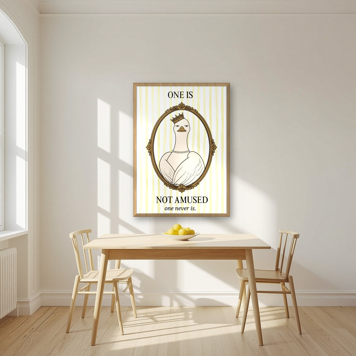 One Is Not Amused – Buttermilk Stripe art print, in an oak frame, styled in a kitchen