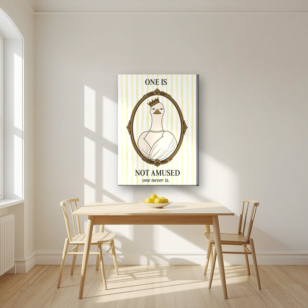 One Is Not Amused – Buttermilk Stripe art print, on slim canvas, styled in a kitchen