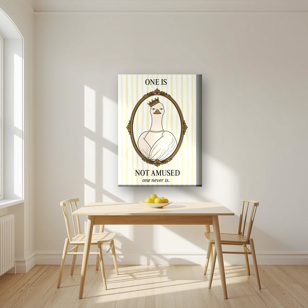 One Is Not Amused – Buttermilk Stripe art print, on thick canvas, styled in a kitchen