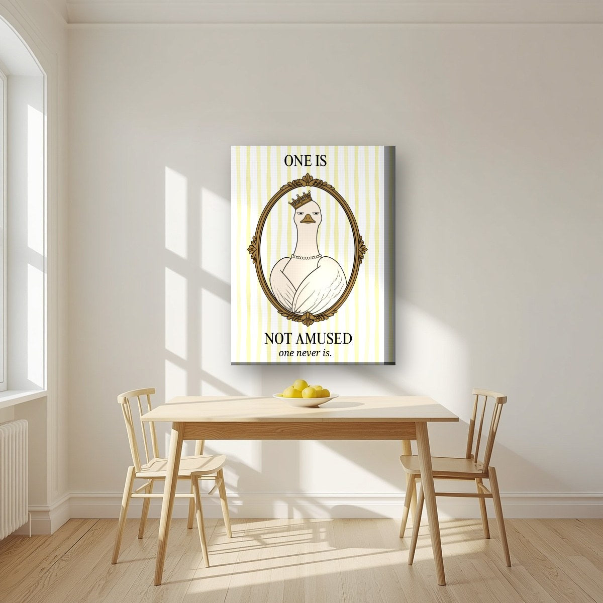 One Is Not Amused – Buttermilk Stripe art print, on thick canvas, styled in a kitchen