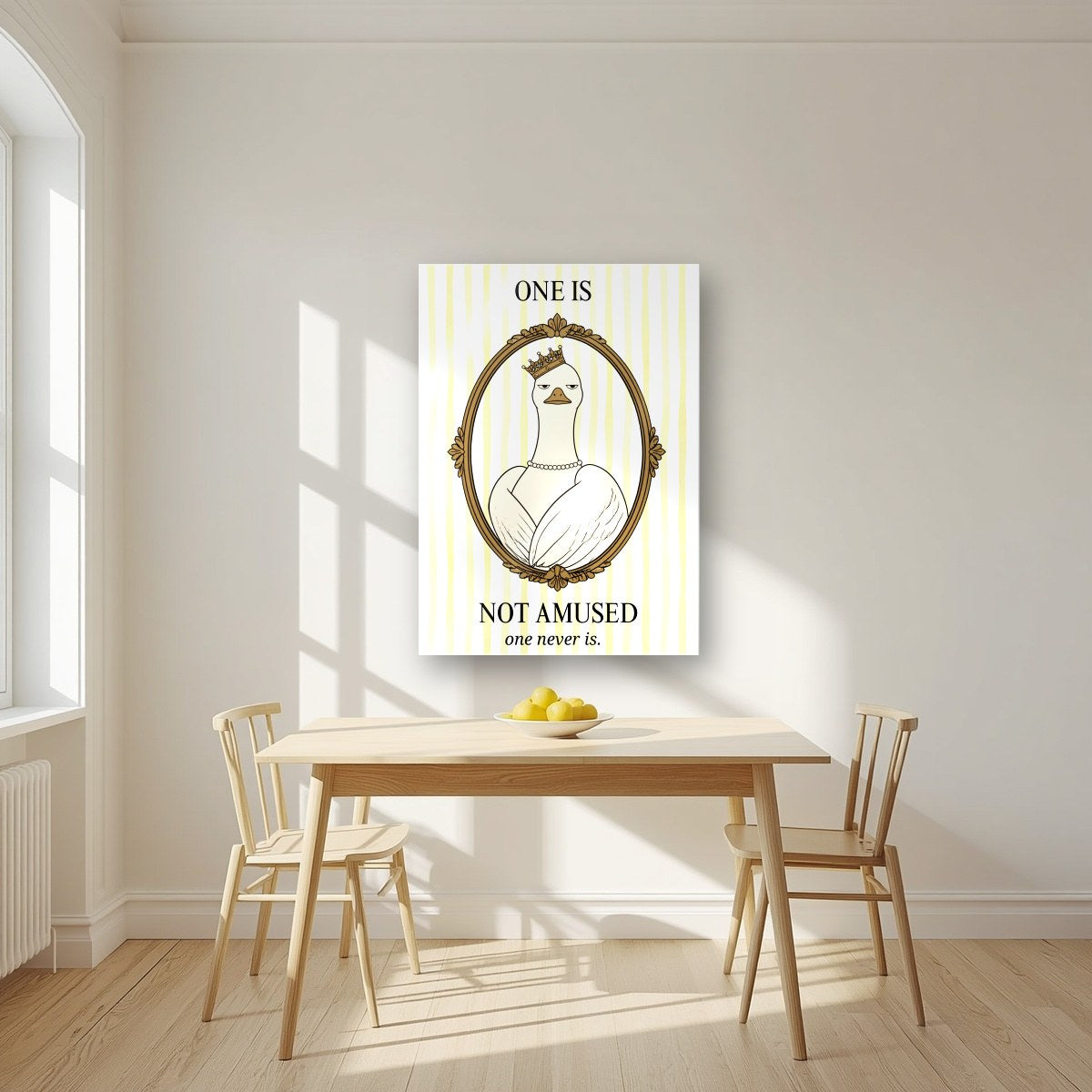 One Is Not Amused – Buttermilk Stripe art print, as an acrylic print, styled in a kitchen