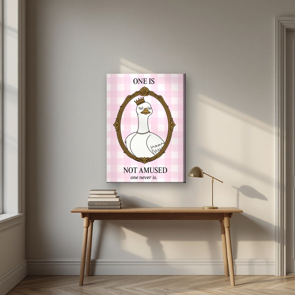 One Is Not Amused – Gingham Rose art print, on slim canvas, styled in a desk