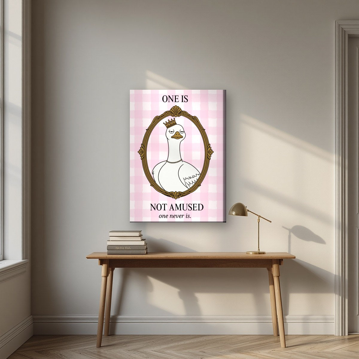 One Is Not Amused – Gingham Rose art print, on slim canvas, styled in a desk