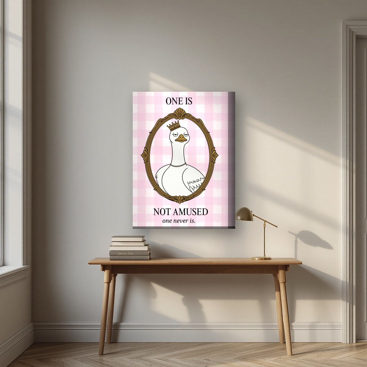 One Is Not Amused – Gingham Rose art print, on thick canvas, styled in a desk