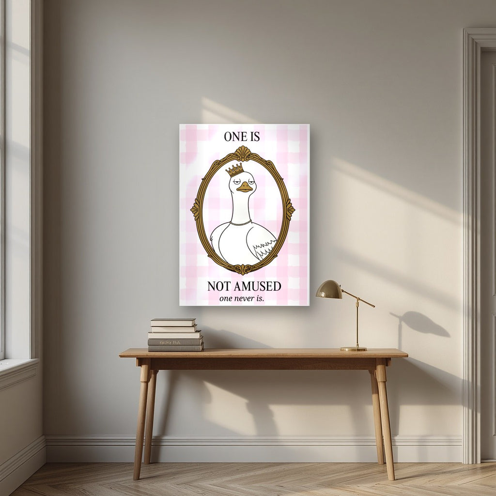 One Is Not Amused – Gingham Rose art print, as an acrylic print, styled in a desk