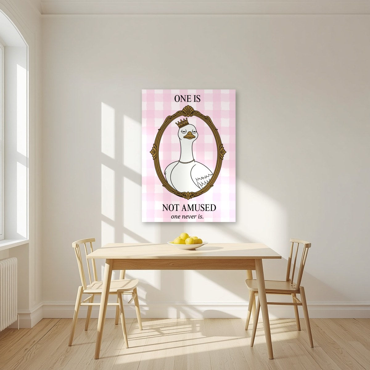 One Is Not Amused – Gingham Rose art print, unframed poster, styled in a kitchen