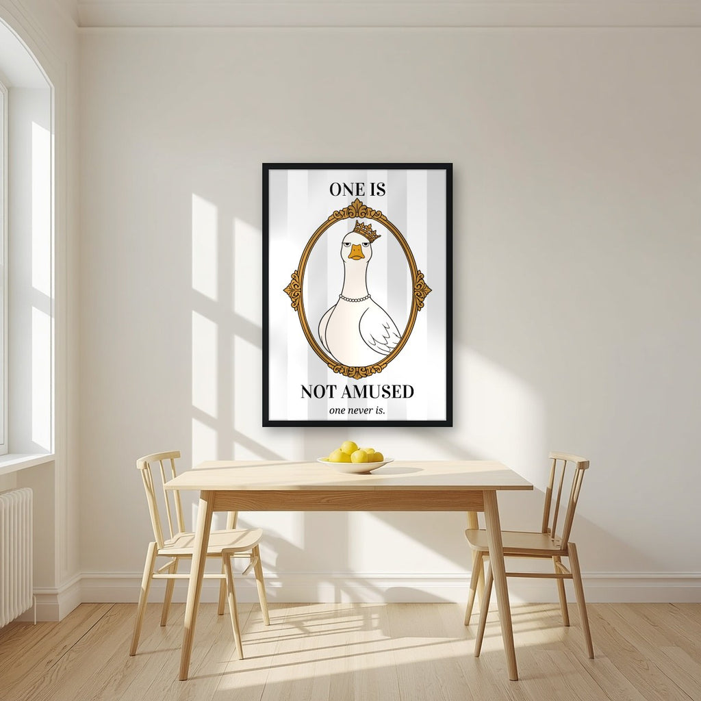 One Is Not Amused – Palace Grey art print, in a black frame, styled in a kitchen