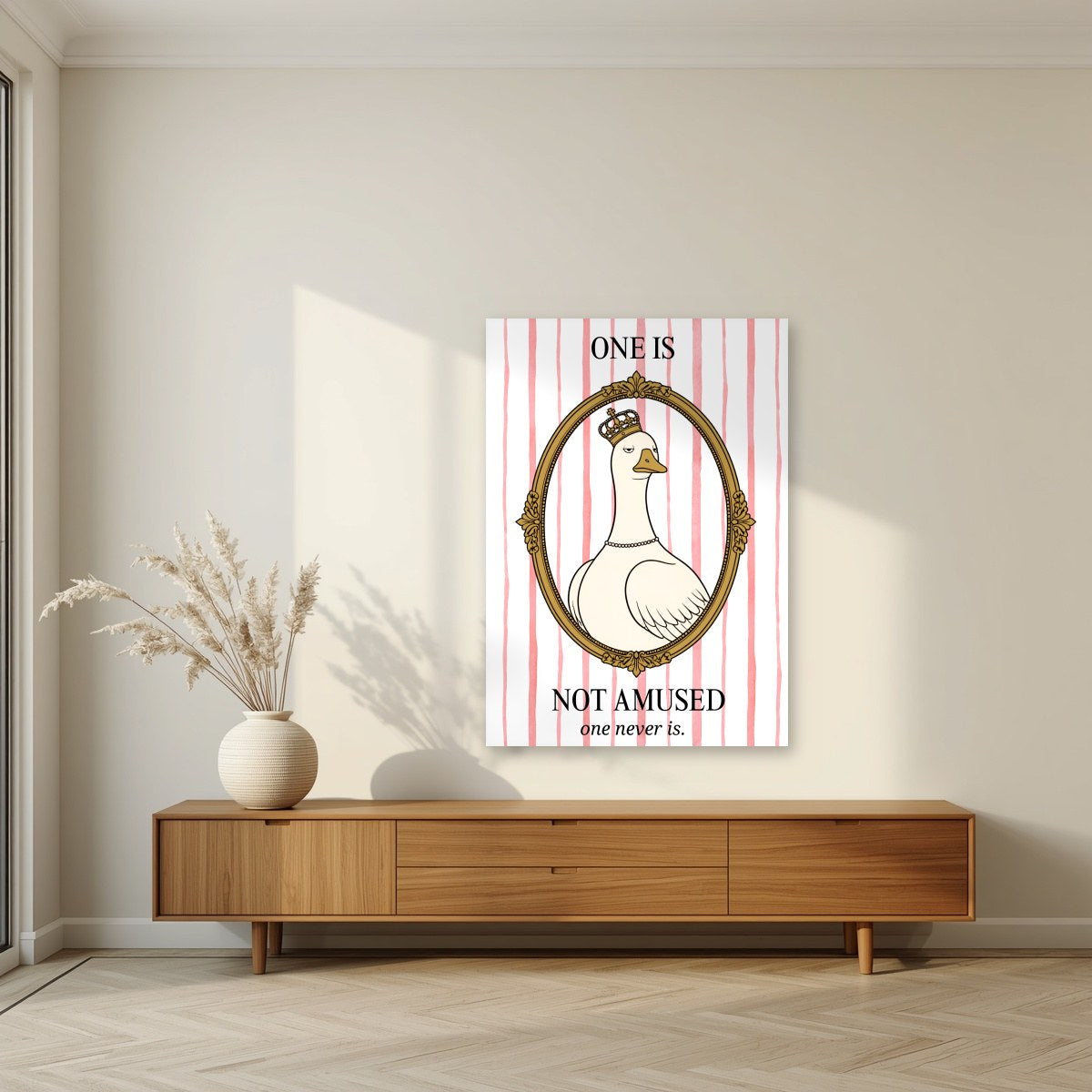 One Is Not Amused – Rosewater Stripe art print, unframed poster, styled in a living room