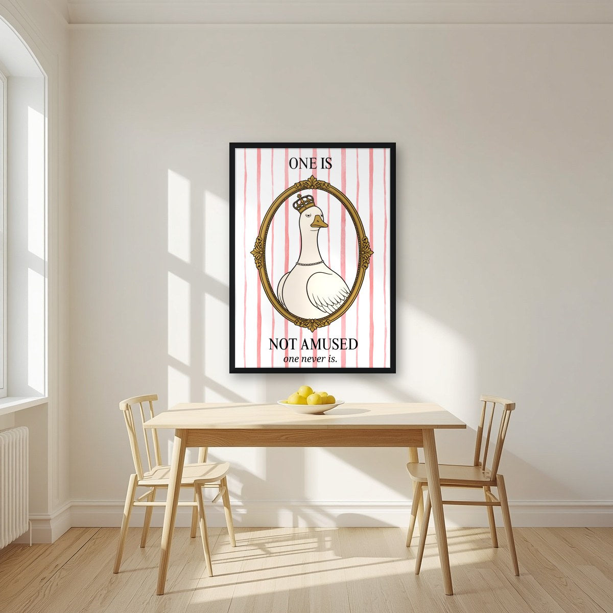 One Is Not Amused – Rosewater Stripe art print, in a black frame, styled in a kitchen