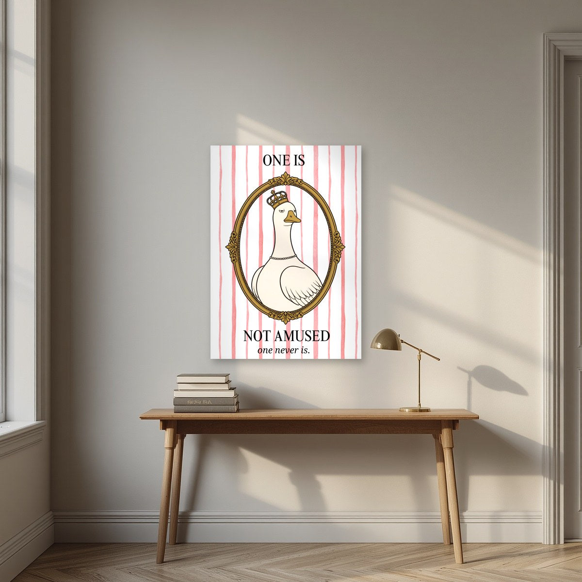 One Is Not Amused – Rosewater Stripe art print, unframed poster, styled in a desk