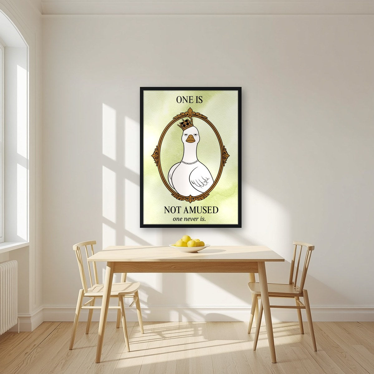 One Is Not Amused – Sage Wash art print, in a black frame, styled in a kitchen
