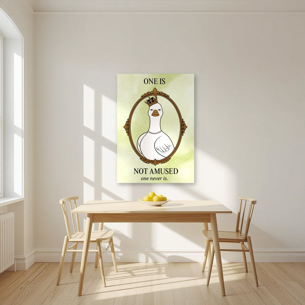 One Is Not Amused – Sage Wash art print, unframed poster, styled in a kitchen