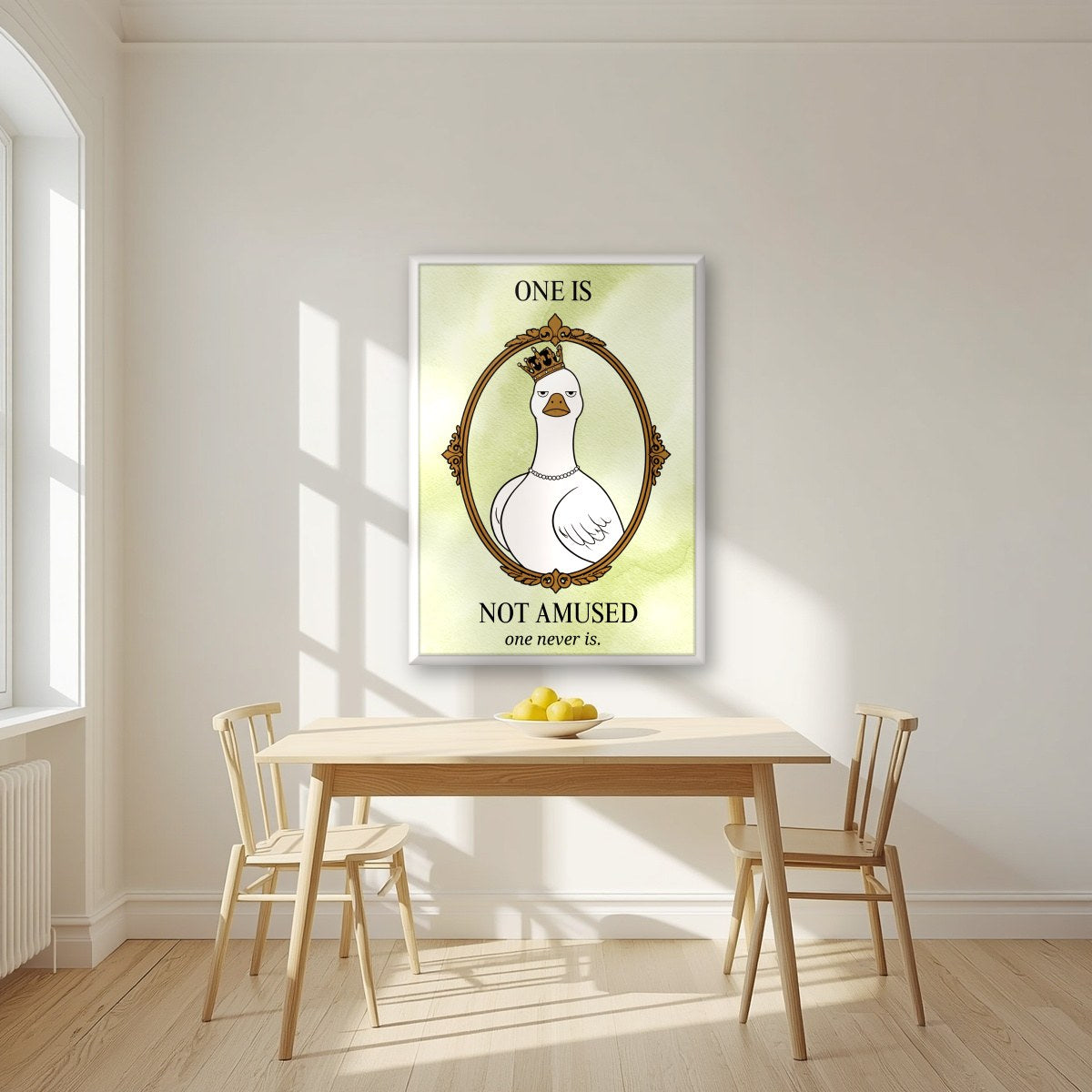 One Is Not Amused – Sage Wash art print, in a white frame, styled in a kitchen