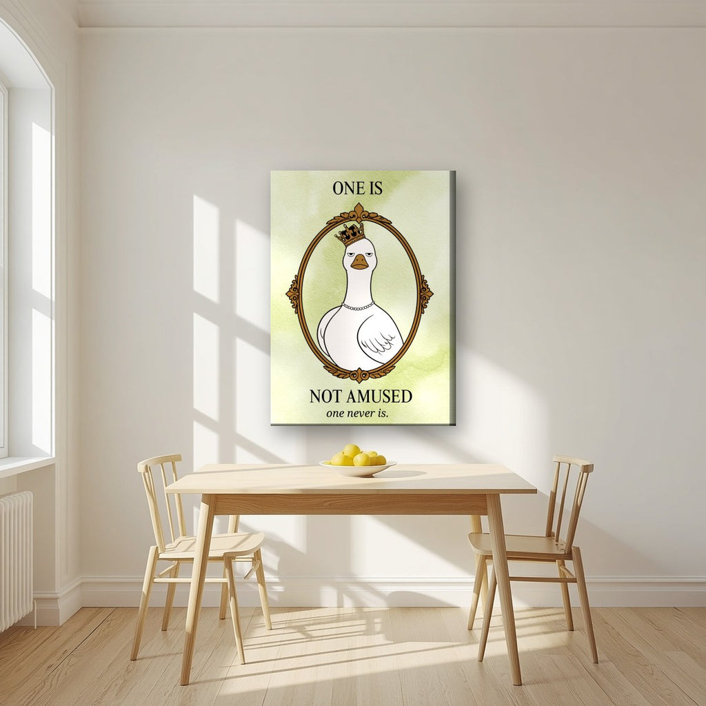 One Is Not Amused – Sage Wash art print, on slim canvas, styled in a kitchen