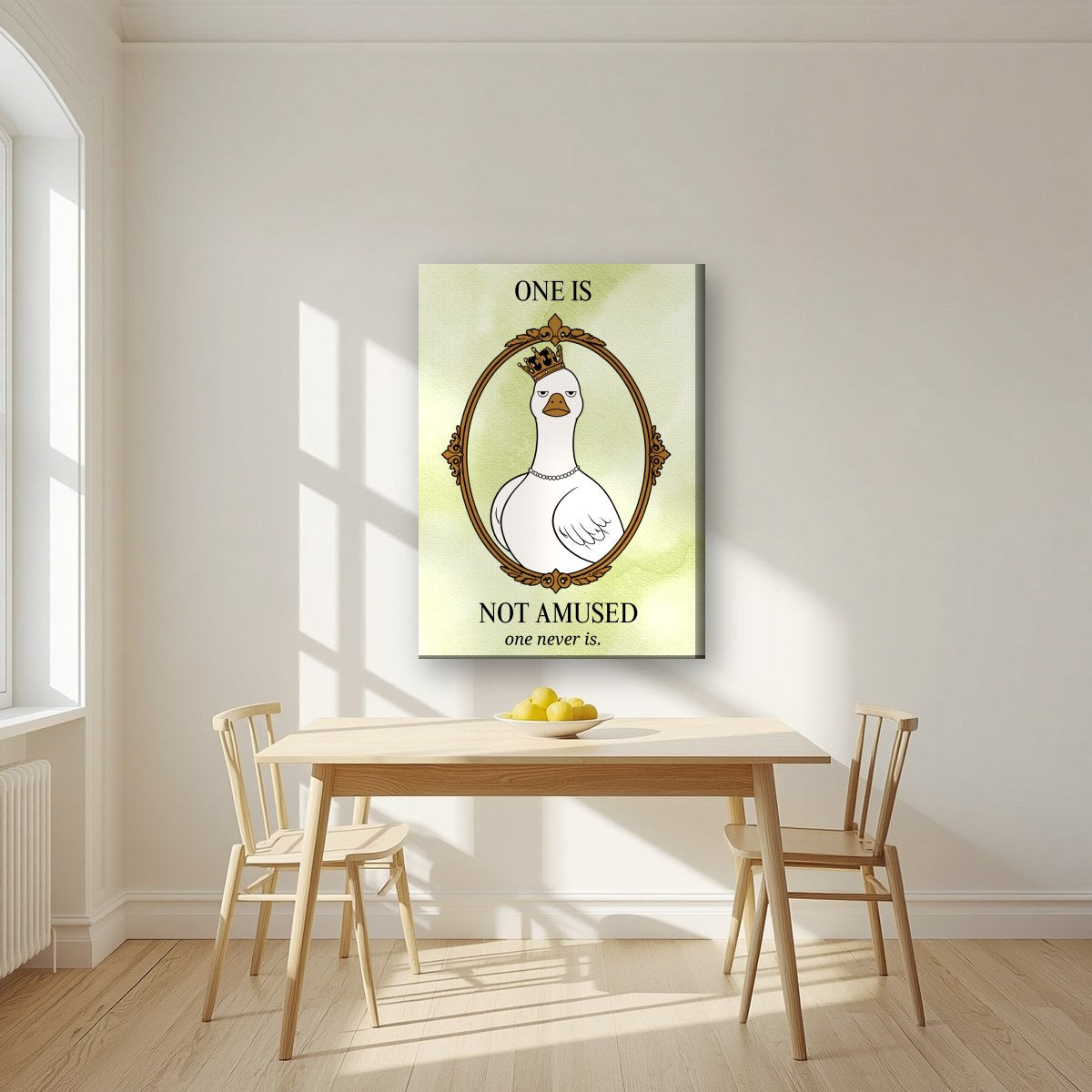 One Is Not Amused – Sage Wash art print, on slim canvas, styled in a kitchen