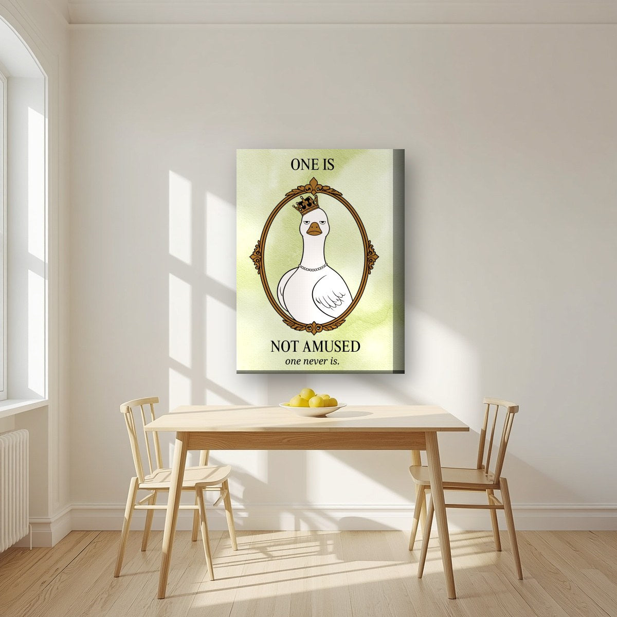 One Is Not Amused – Sage Wash art print, on thick canvas, styled in a kitchen