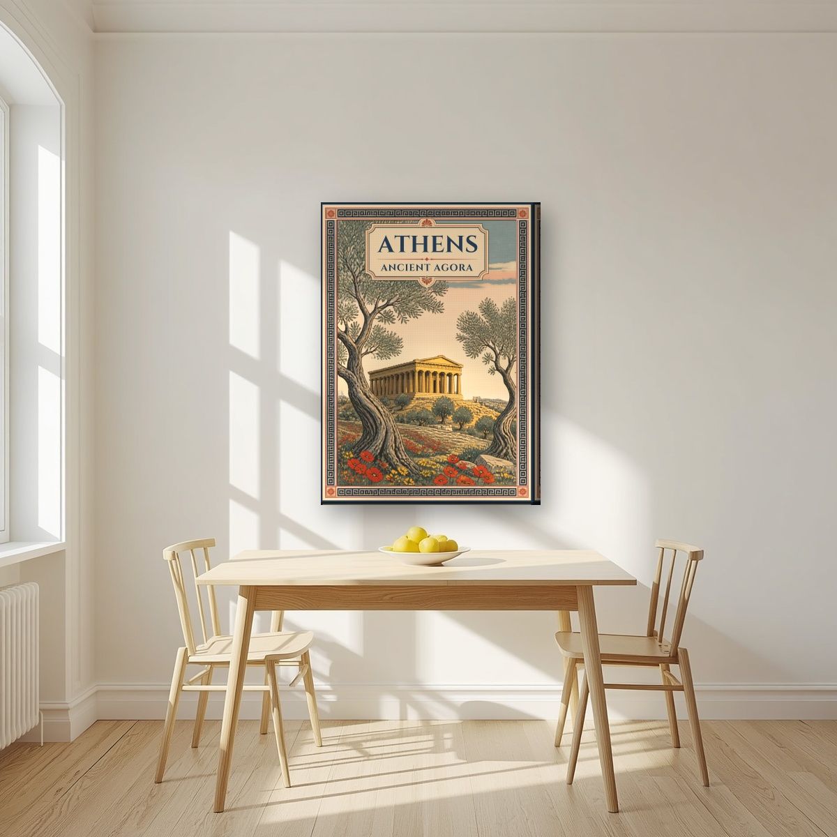 Archaia Agora — Athens art print, on slim canvas, styled in a kitchen