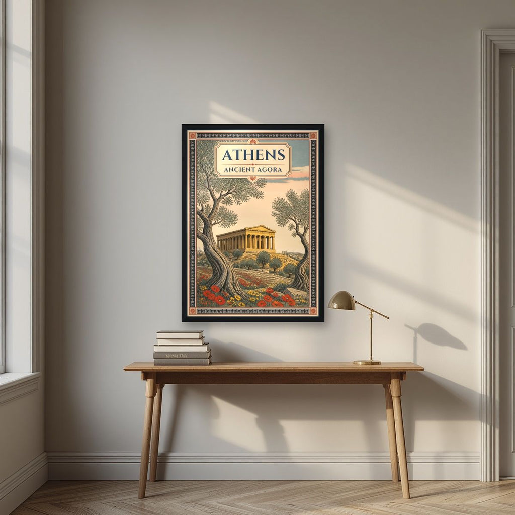 Archaia Agora — Athens art print, in a black frame, styled in a desk