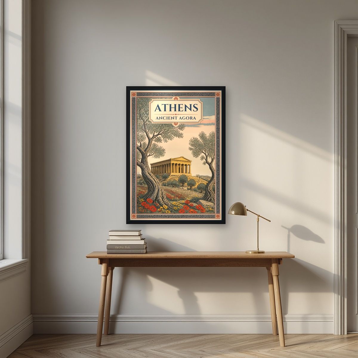 Archaia Agora — Athens art print, in a black frame, styled in a desk