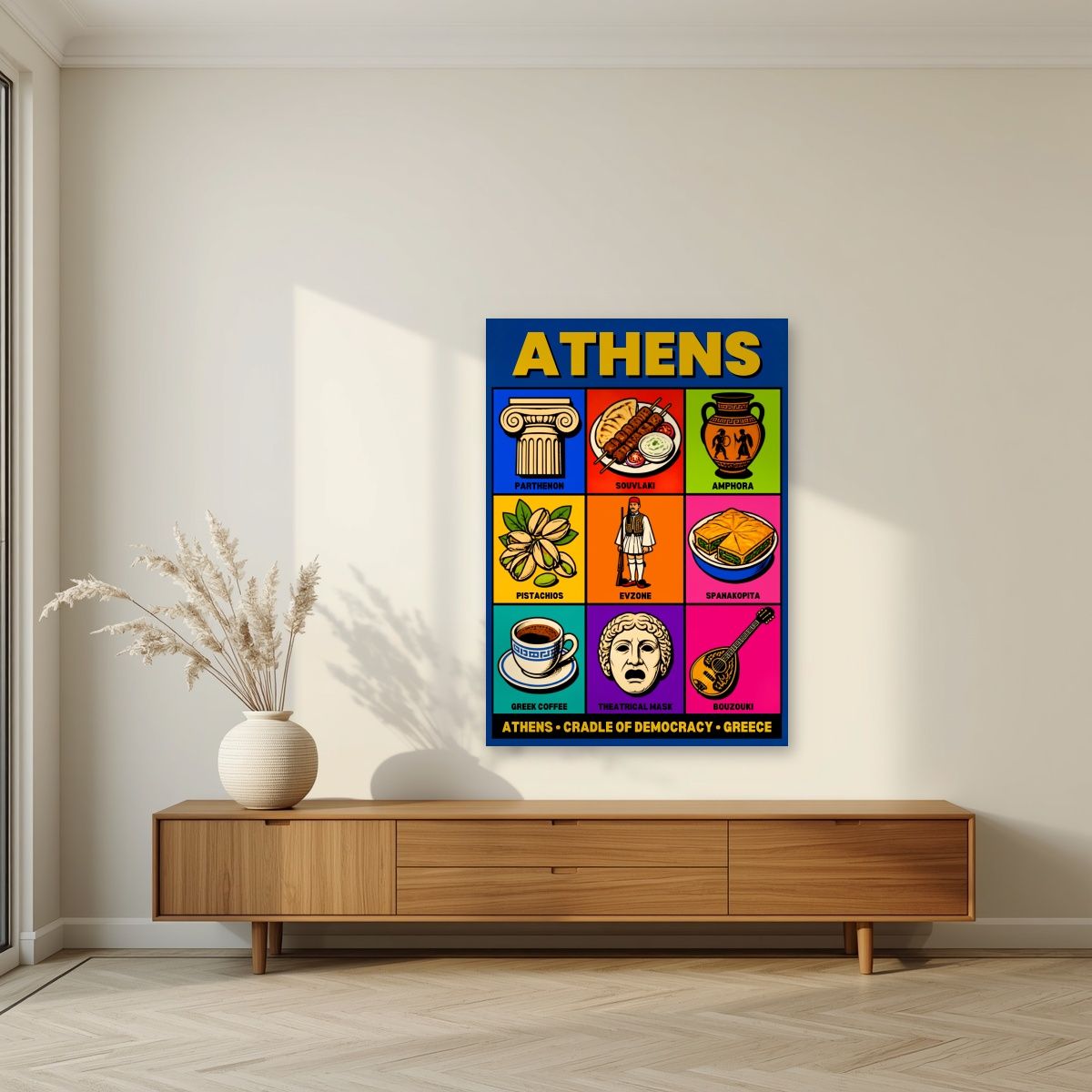 Cradle of Democracy — Athens art print, unframed poster, styled in a living room