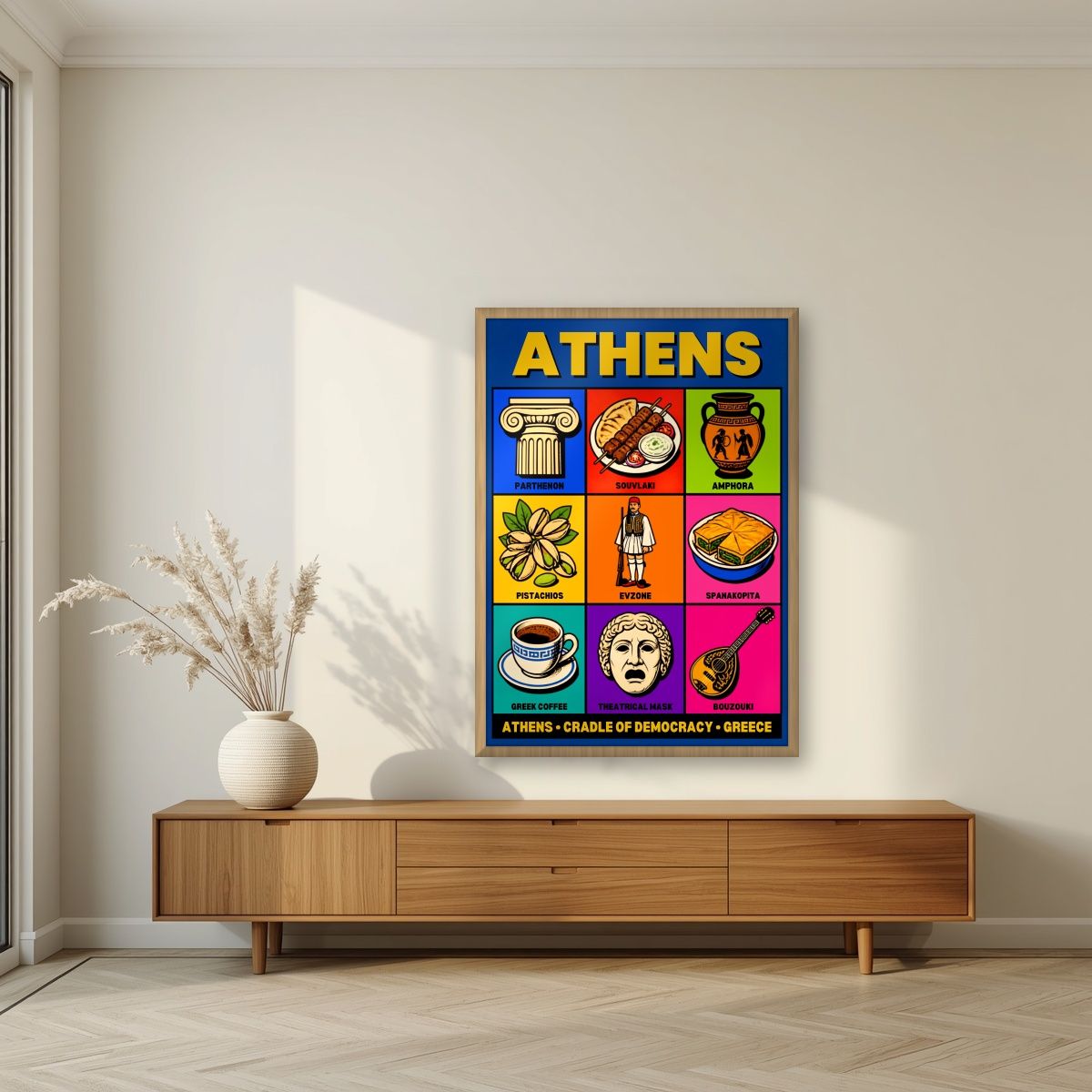 Cradle of Democracy — Athens art print, in an oak frame, styled in a living room