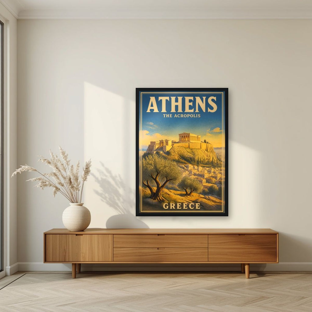 Ieros Vrachos — Athens art print, in a black frame, styled in a living room