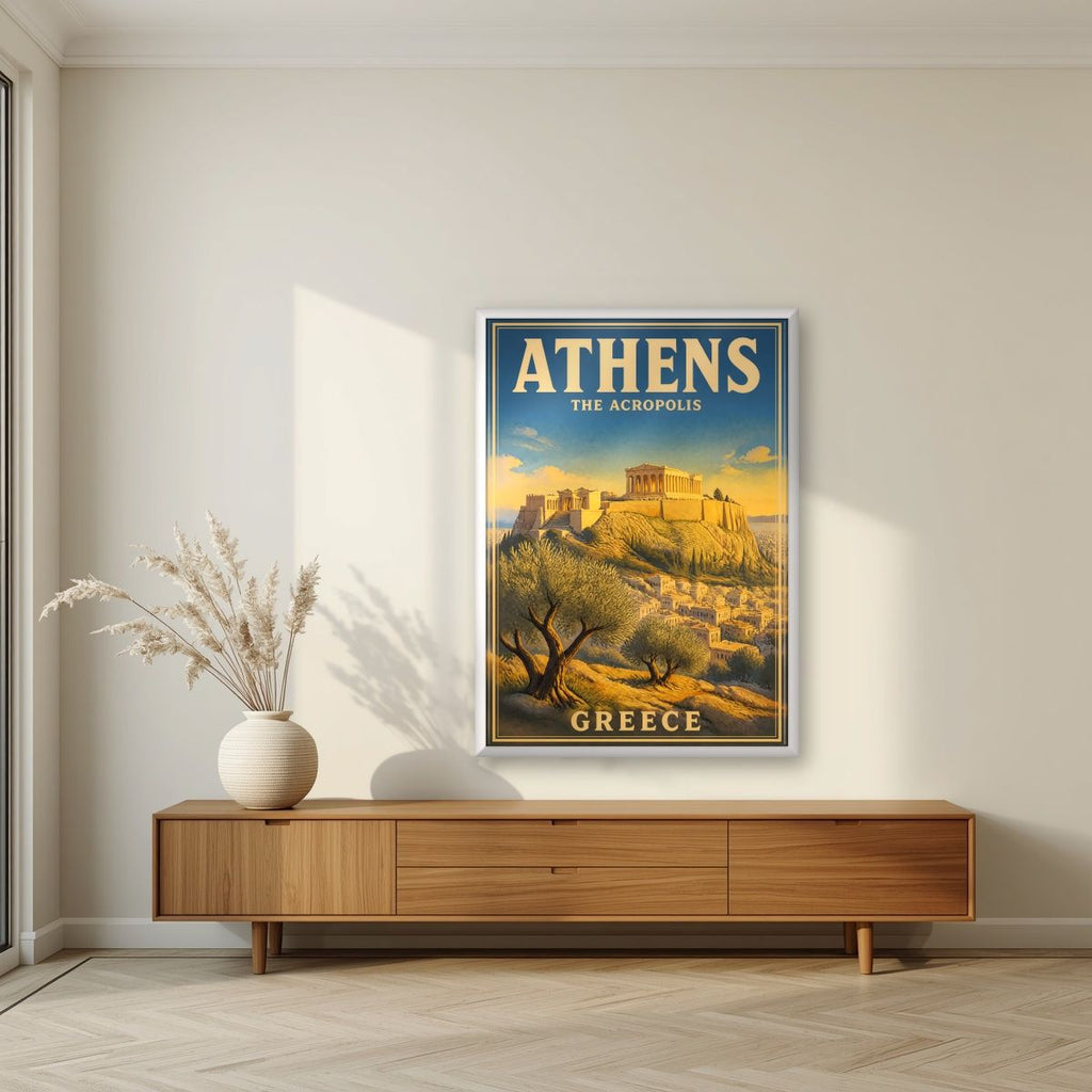 Ieros Vrachos — Athens art print, in a white frame, styled in a living room