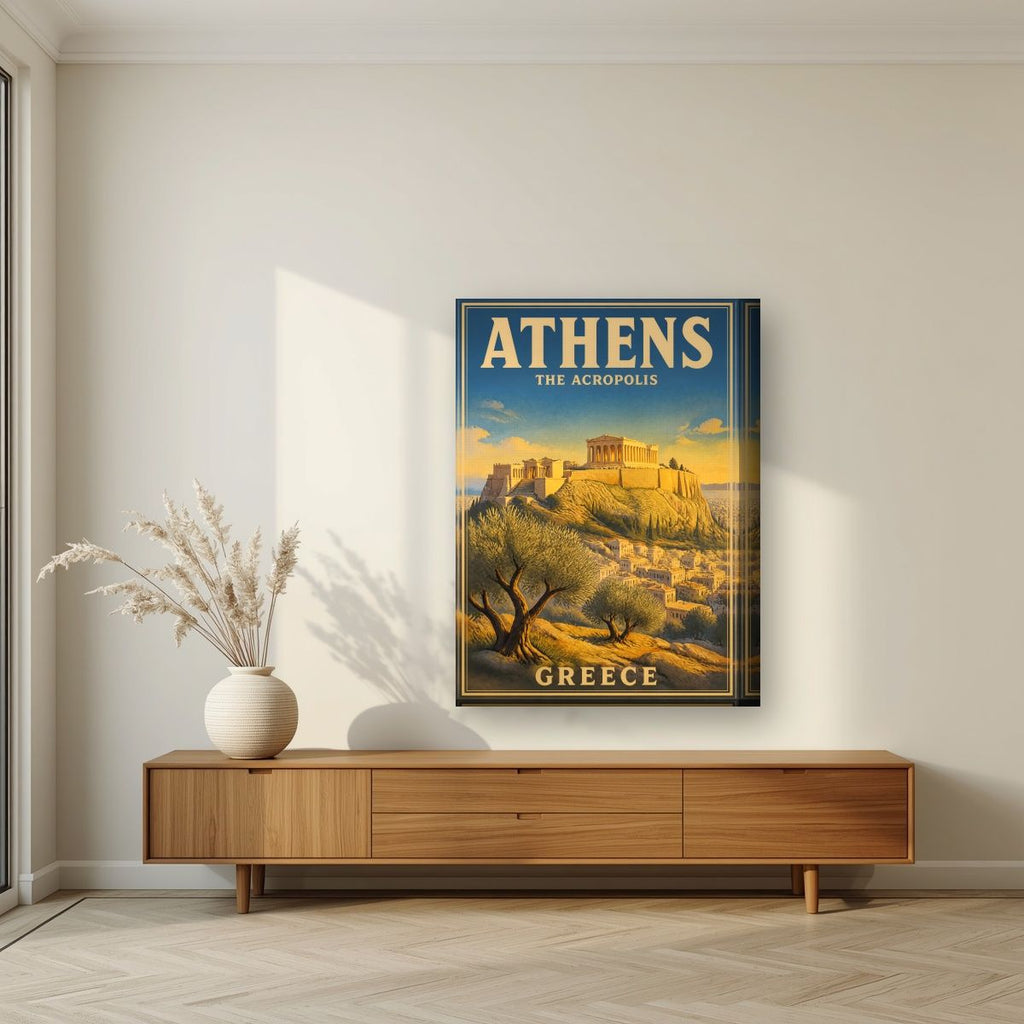 Ieros Vrachos — Athens art print, on thick canvas, styled in a living room