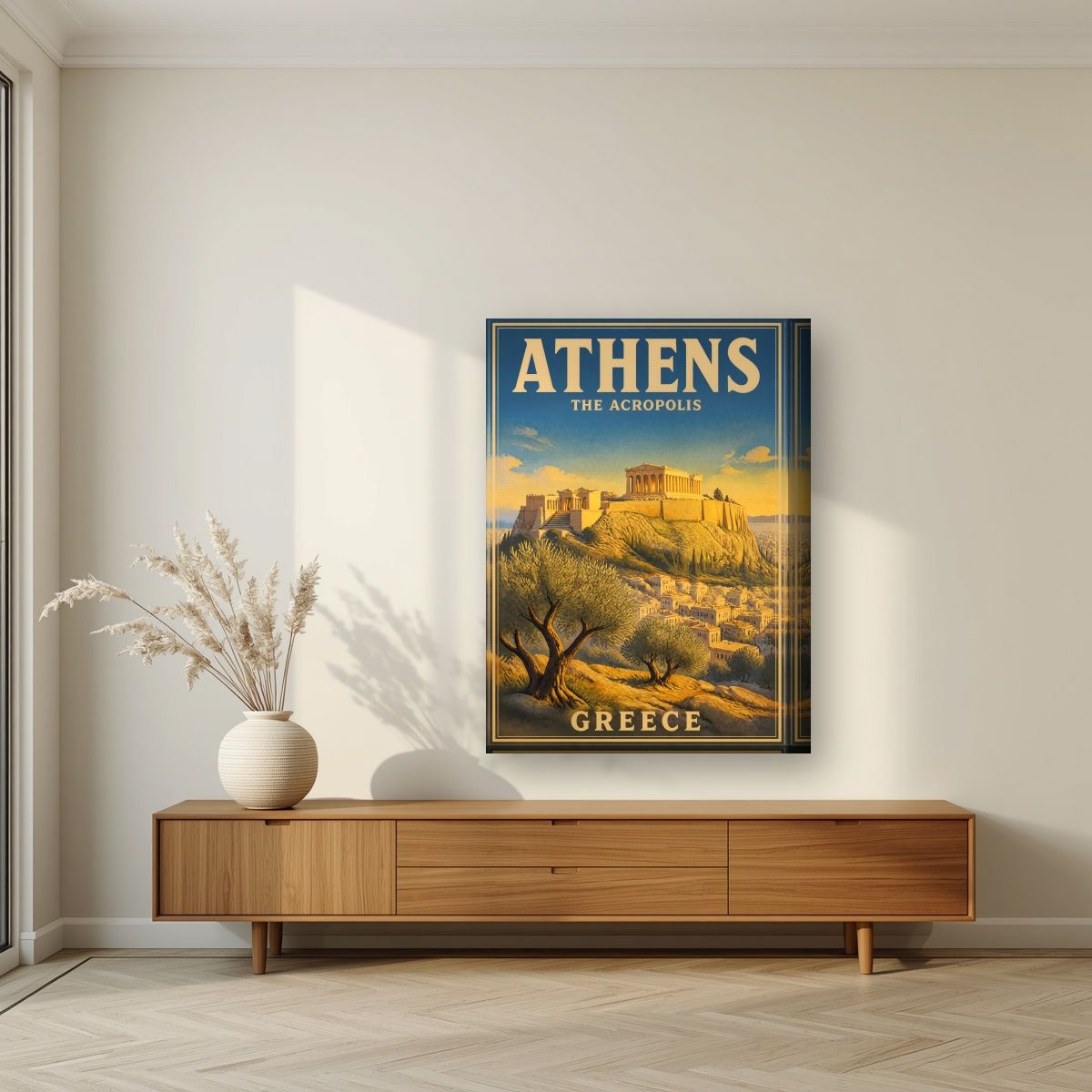 Ieros Vrachos — Athens art print, on thick canvas, styled in a living room