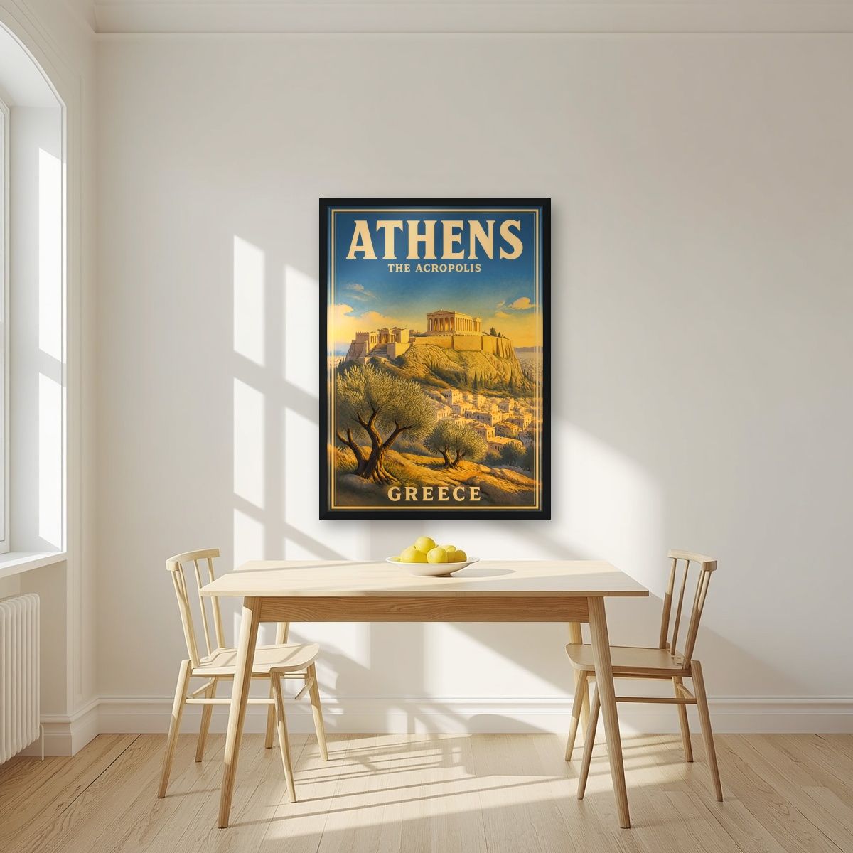 Ieros Vrachos — Athens art print, in a black frame, styled in a kitchen