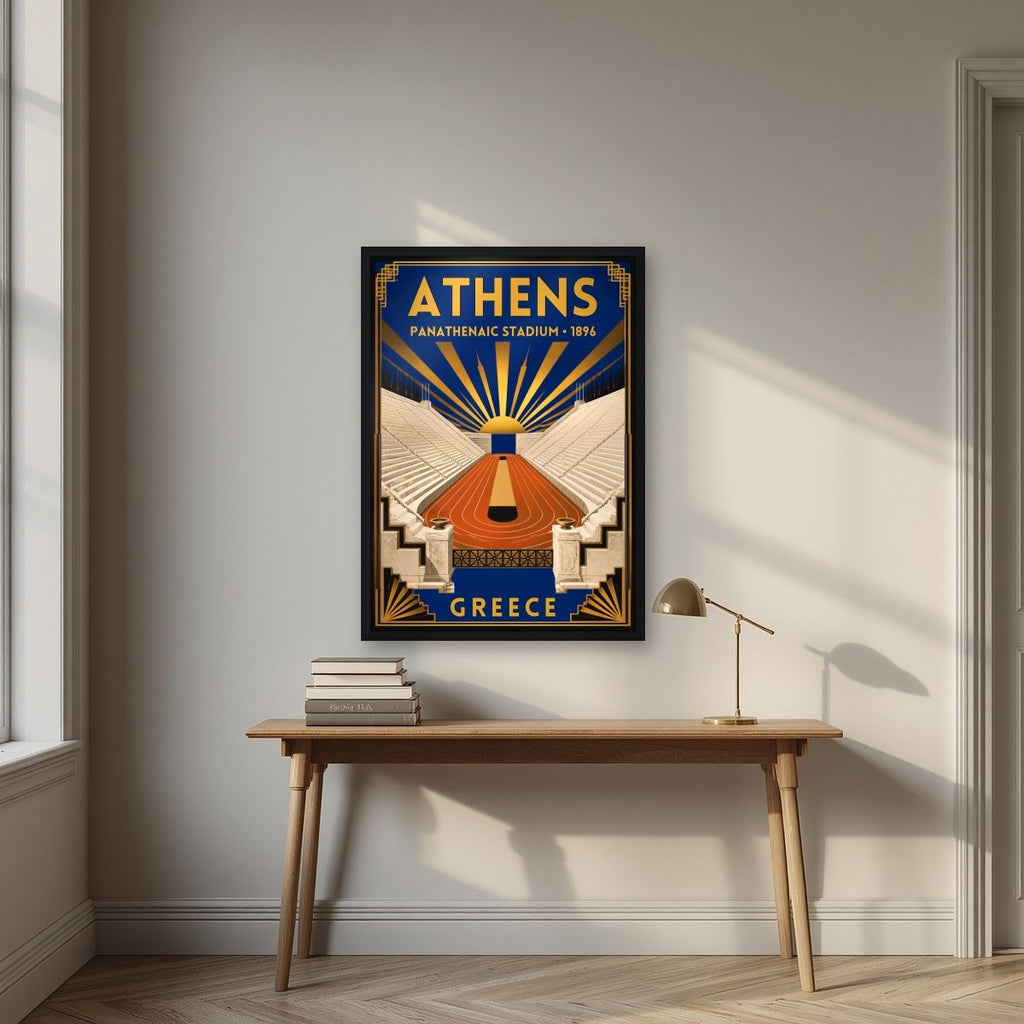 Kallimarmaro — Athens art print, in a black frame, styled in a desk