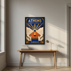 Kallimarmaro — Athens art print, in a black frame, styled in a desk