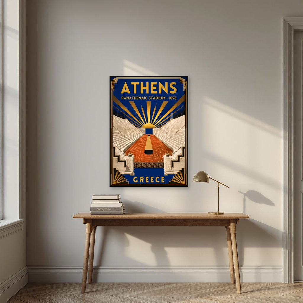 Kallimarmaro — Athens art print, unframed poster, styled in a desk