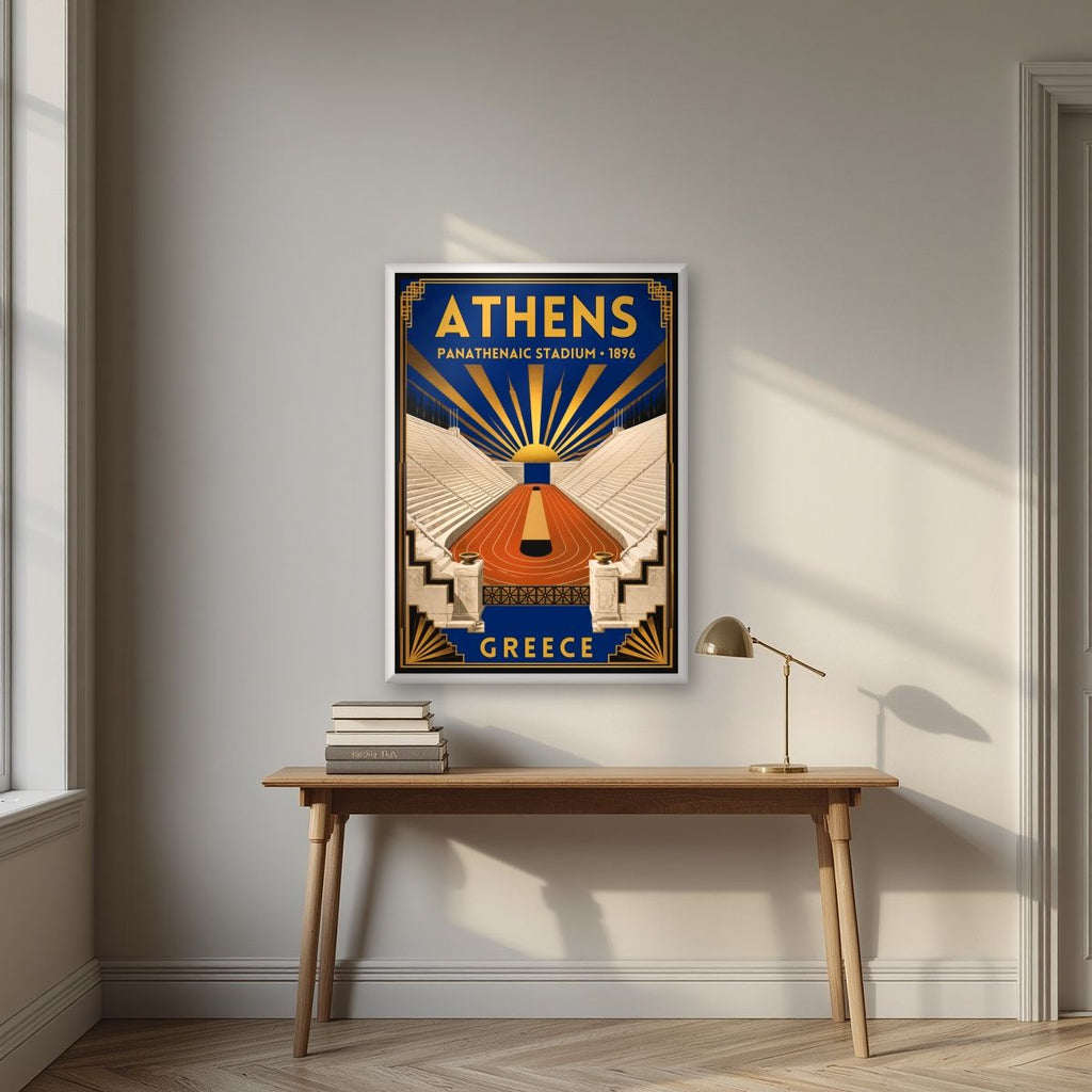 Kallimarmaro — Athens art print, in a white frame, styled in a desk