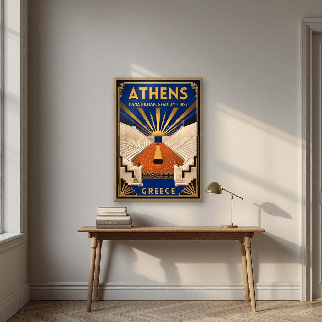 Kallimarmaro — Athens art print, in an oak frame, styled in a desk